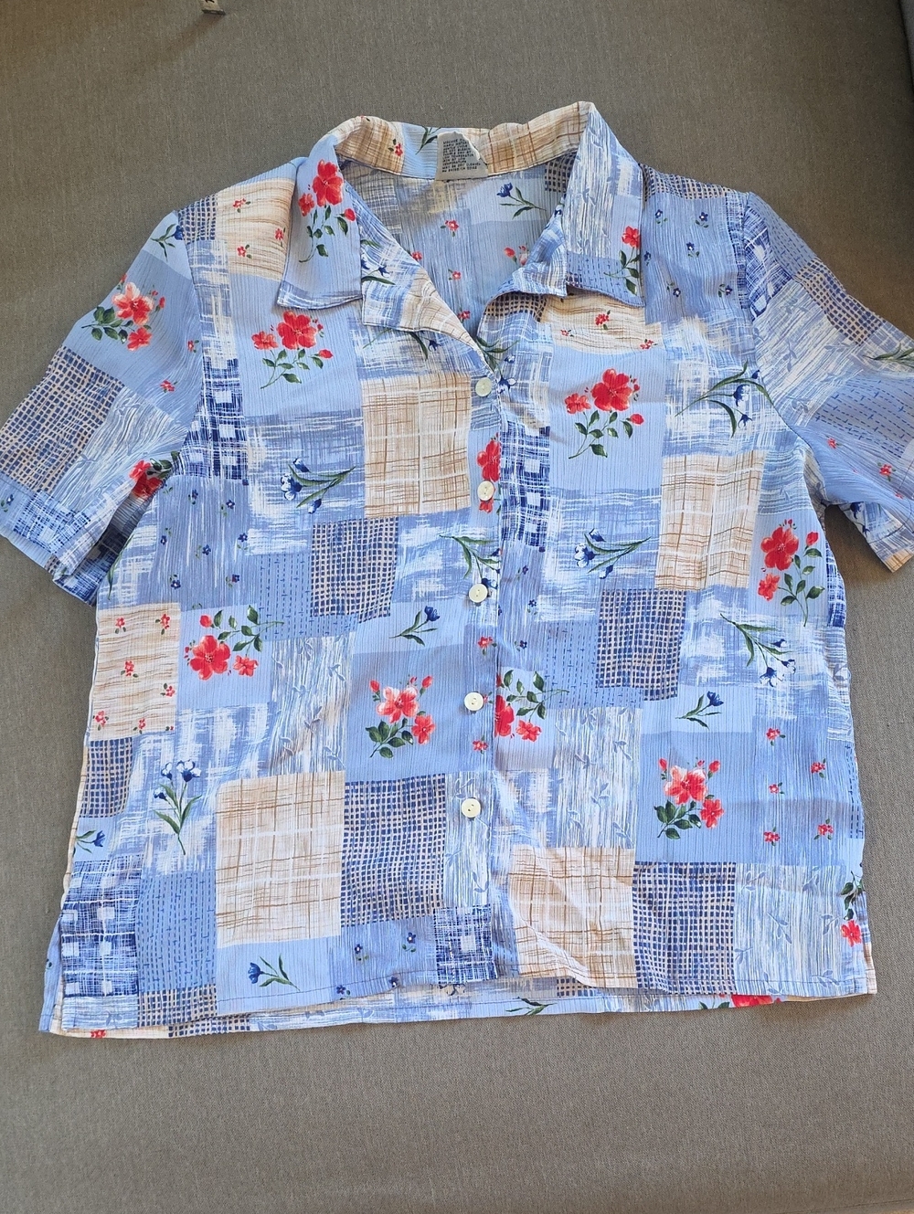 Allison Daley Light Blue Floral Patchwork Short Sleeve Button-Down Shirt